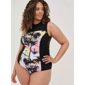 Torrid Black and Multicolor Palm Print One Piece Swimsuit (worn 1x)
